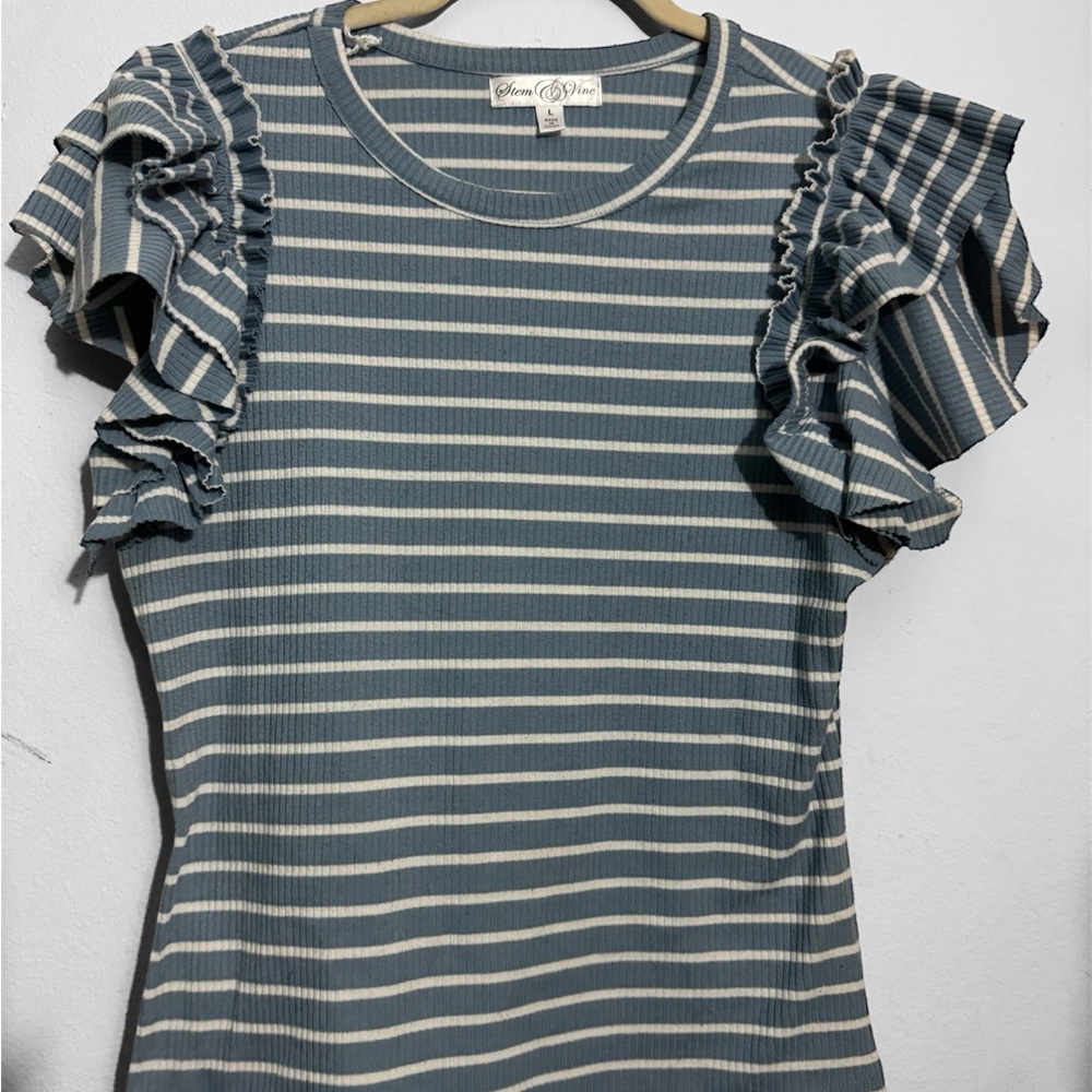 Striped Ruffle Sleeve Top - Blue and White